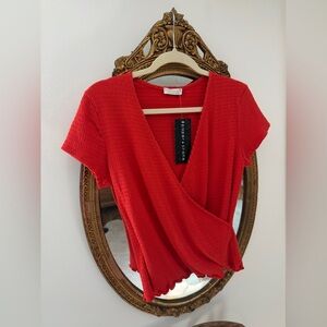 Red Wrap-Style Short Sleeve Top